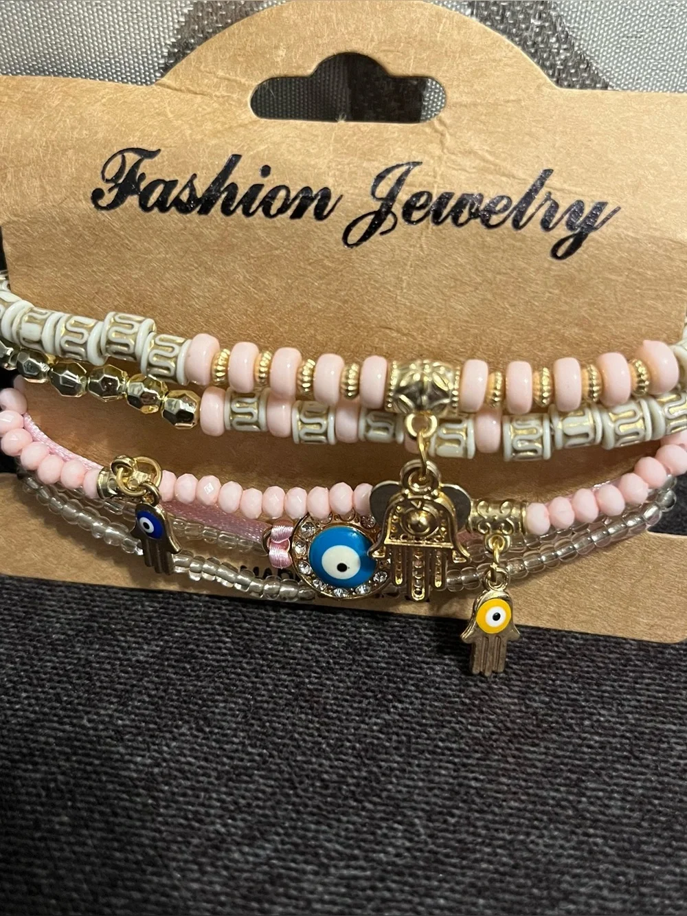 Fashion Jewelry Pink Beaded Hamsa & Evil Eye Layered Bracelet Set